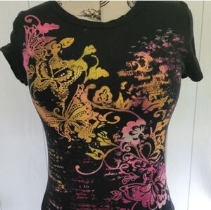 Black Tee with Pink and Yellow Design